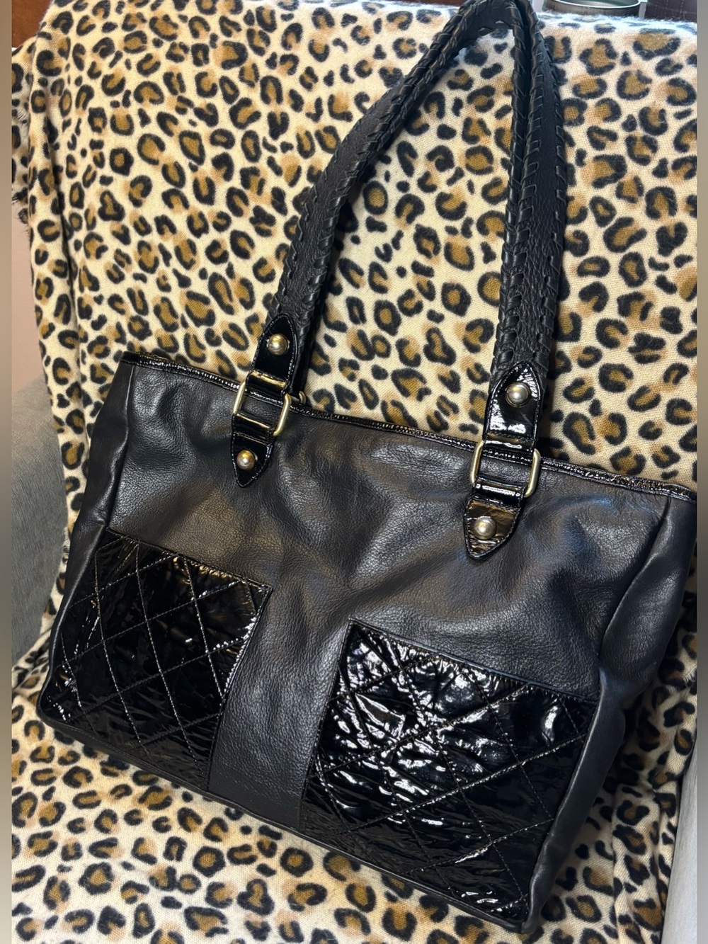 Carla Mancini Vintage Y2K Hand Stitched Genuine Leather Black Tote/Shoulder Bag